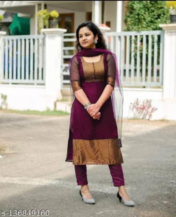 Premium Jacquard Chiffon Kurti Pant Sets- Wine Colour