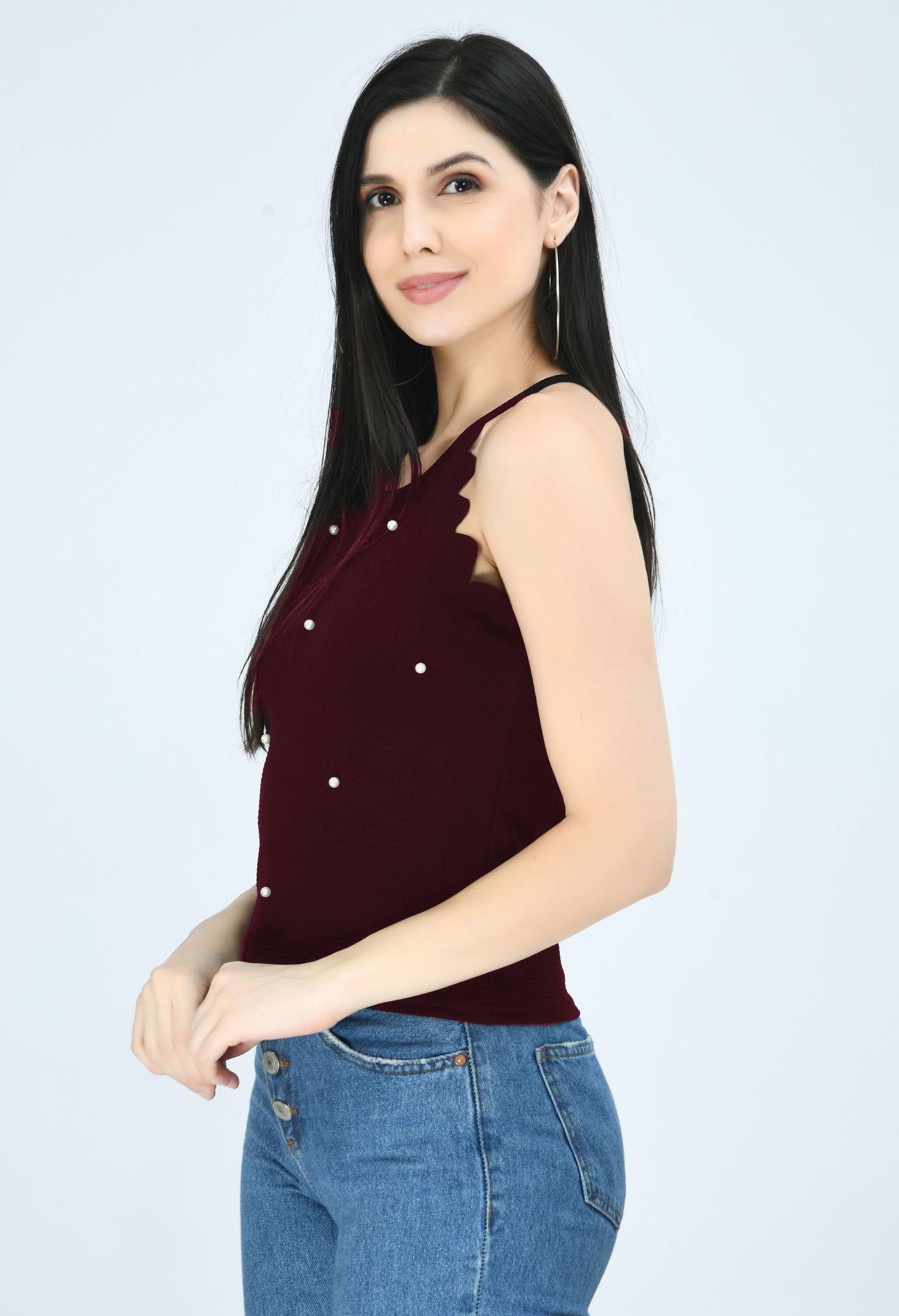 Original Airbiter Collection Women's Cotton Blend Solid Wine Colour Tops