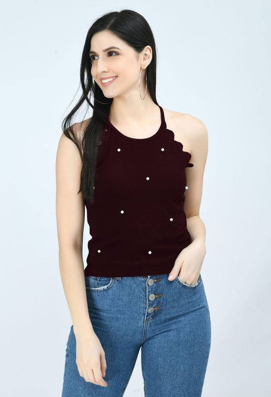 Original Airbiter Collection Women's Cotton Blend Solid Wine Colour Tops