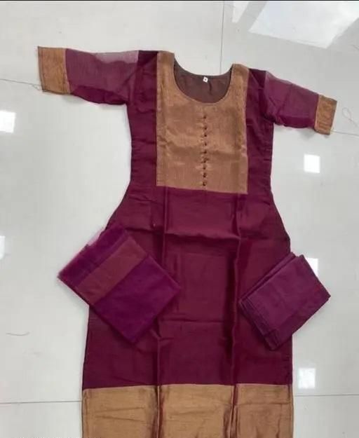 Premium Jacquard Chiffon Kurti Pant Sets- Wine Colour