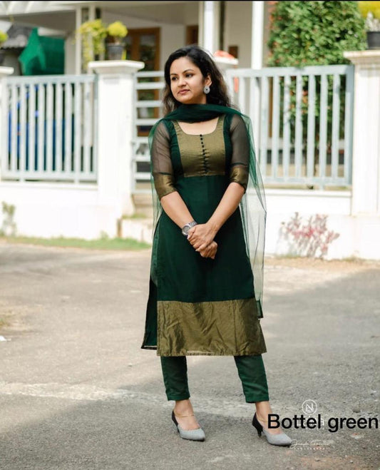 Premium Jacquard Chiffon Kurti Pant Sets- Bottle Green Colour