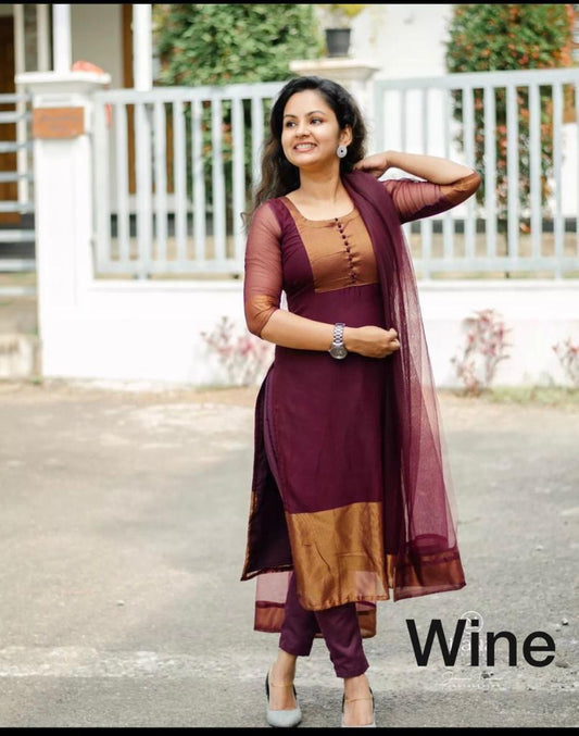 Premium Jacquard Chiffon Kurti Pant Sets- Wine Colour
